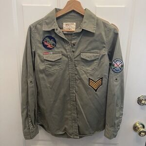 Arizona Jeans Army Green Utility Shirt Jacket Snap Button Boho‎ Hippie Womens S